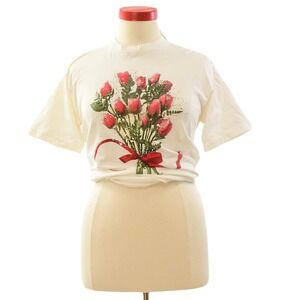80s Vintage Rose Print Graphic Tee Womens L White Crop Top Valentines Day TShirt